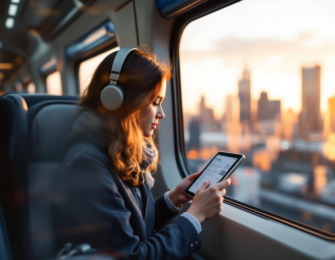 Femme d'affaires concentrée sur tablette dans un shinkansen intérieur moderne avec vue panoramique