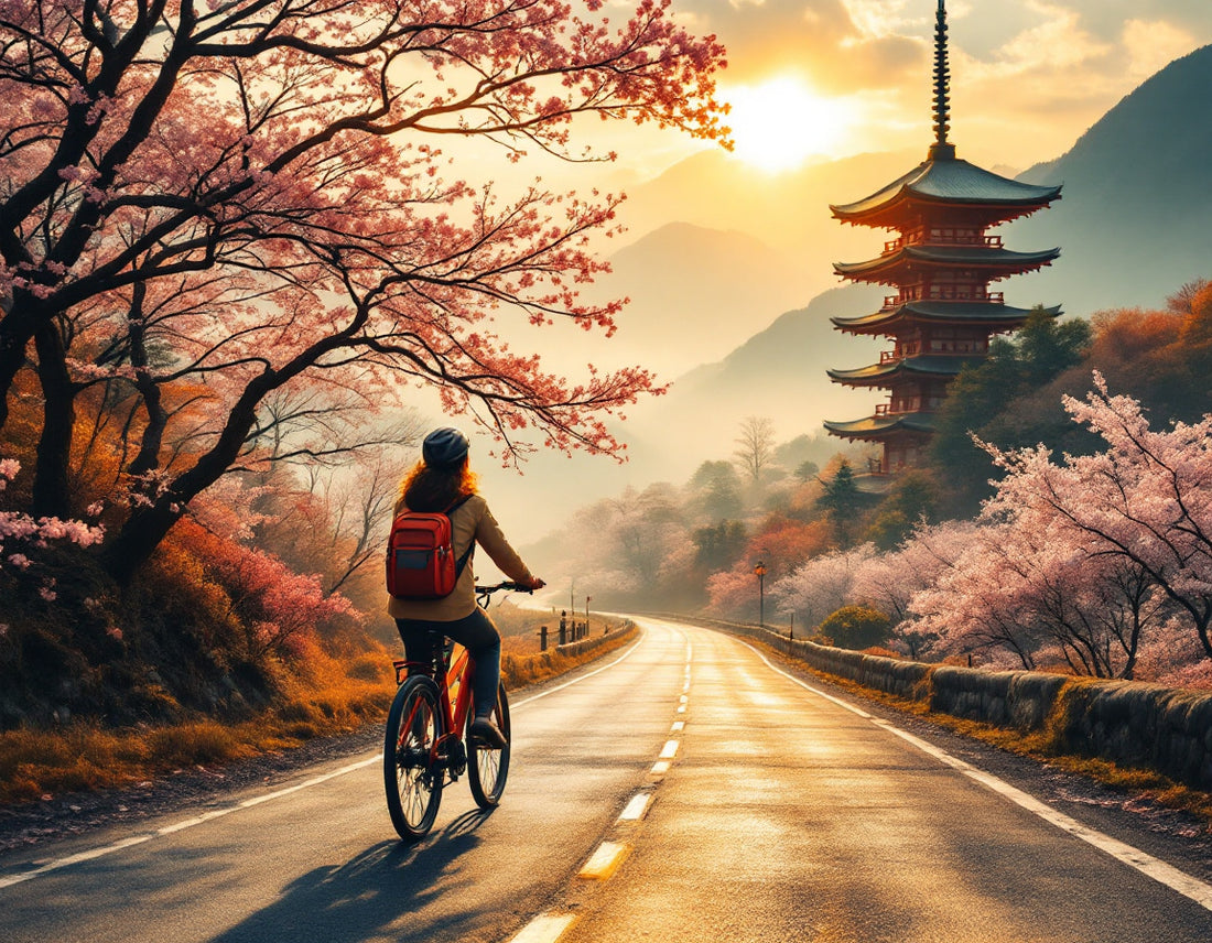 Voyage en japonais : un cycliste pédale sous cerisiers en fleurs sur route de montagne au coucher.