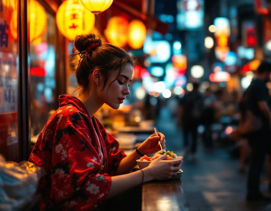 Jeune voyageur dégustant des sushis dans une ruelle tokyoïte néon, blog voyage au japon.