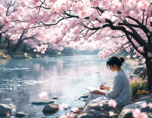 Un calligraphe trace des lignes au bord de Motoyasu, ambiance paisible du gen d'hiroshima