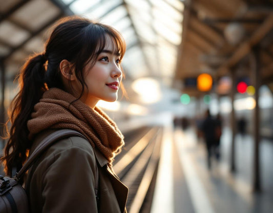 Une voyageuse descend sur le quai animé de la gare de kyoto sous une lumière douce et accueillante.