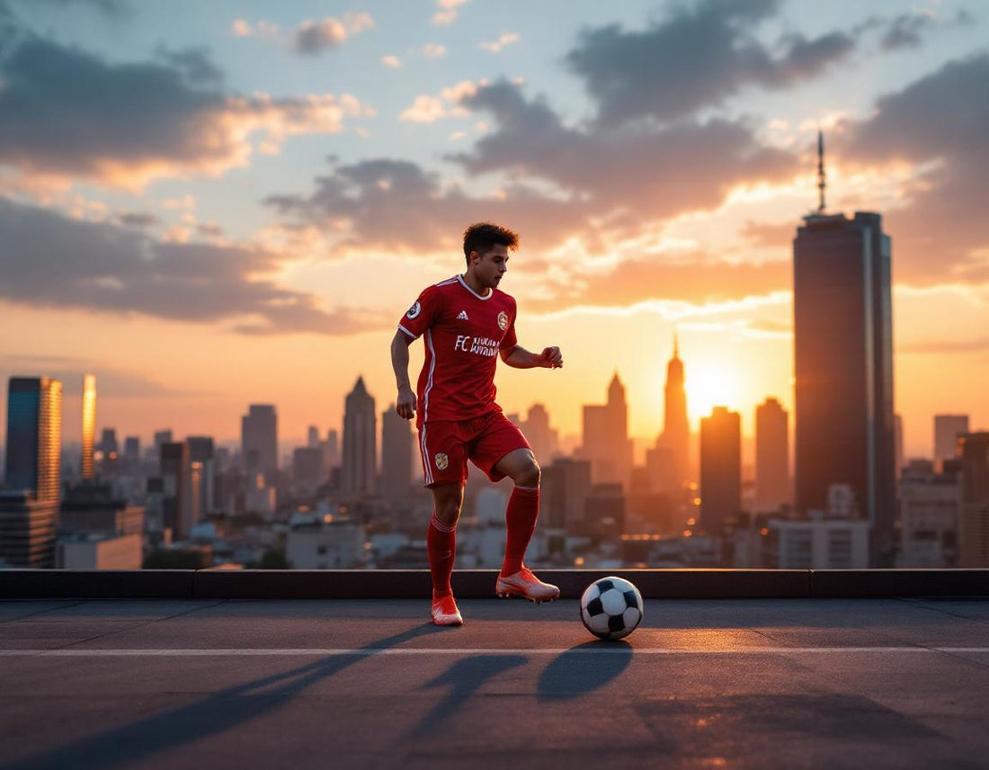 Un joueur en maillot fc hiroshima dribble sur un toit urbain au coucher de soleil, énergie vibrante.