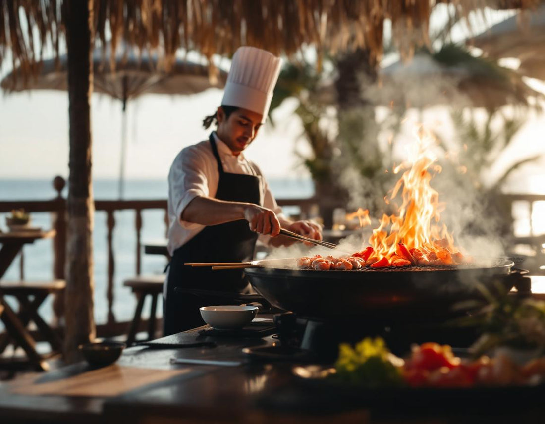 Brochettes de fruits de mer grillées sur terrasse ensoleillée, atmosphère okinawa japan restaurants.