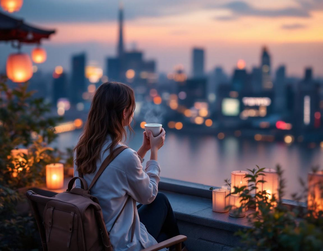 Jeune voyageur buvant du matcha devant la skyline de Tokyo, agence de voyage pour le japon valorisée