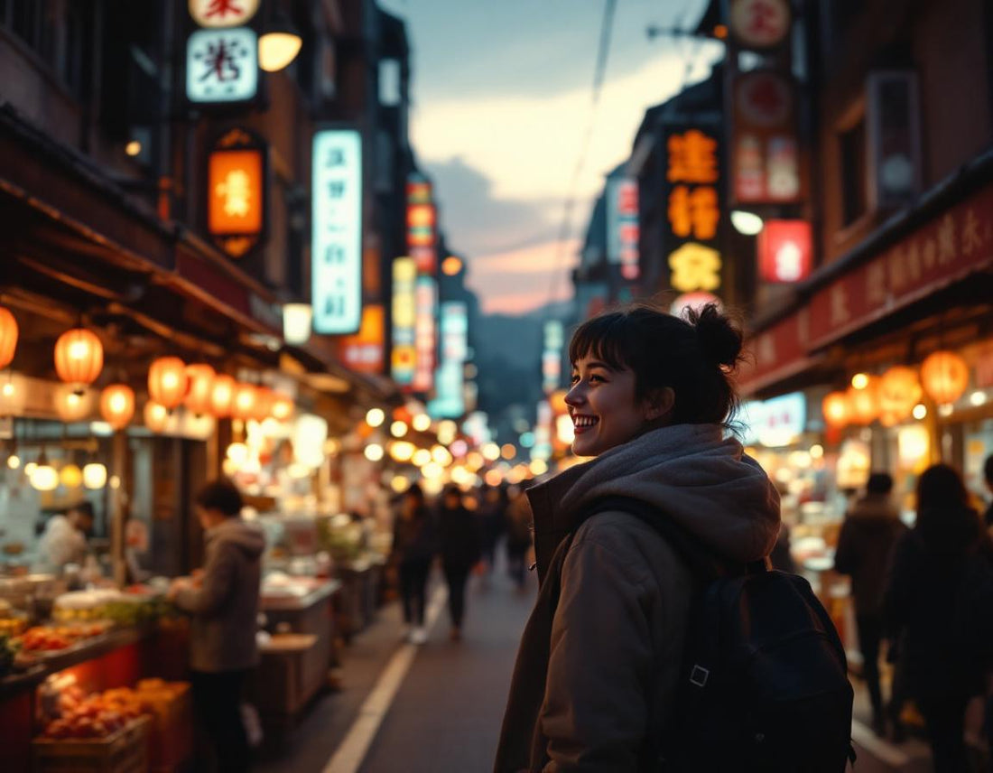 Voyageur dans marché animé d'Osaka, lanternes néon et étals colorés, osaka visite vibrante en ville.