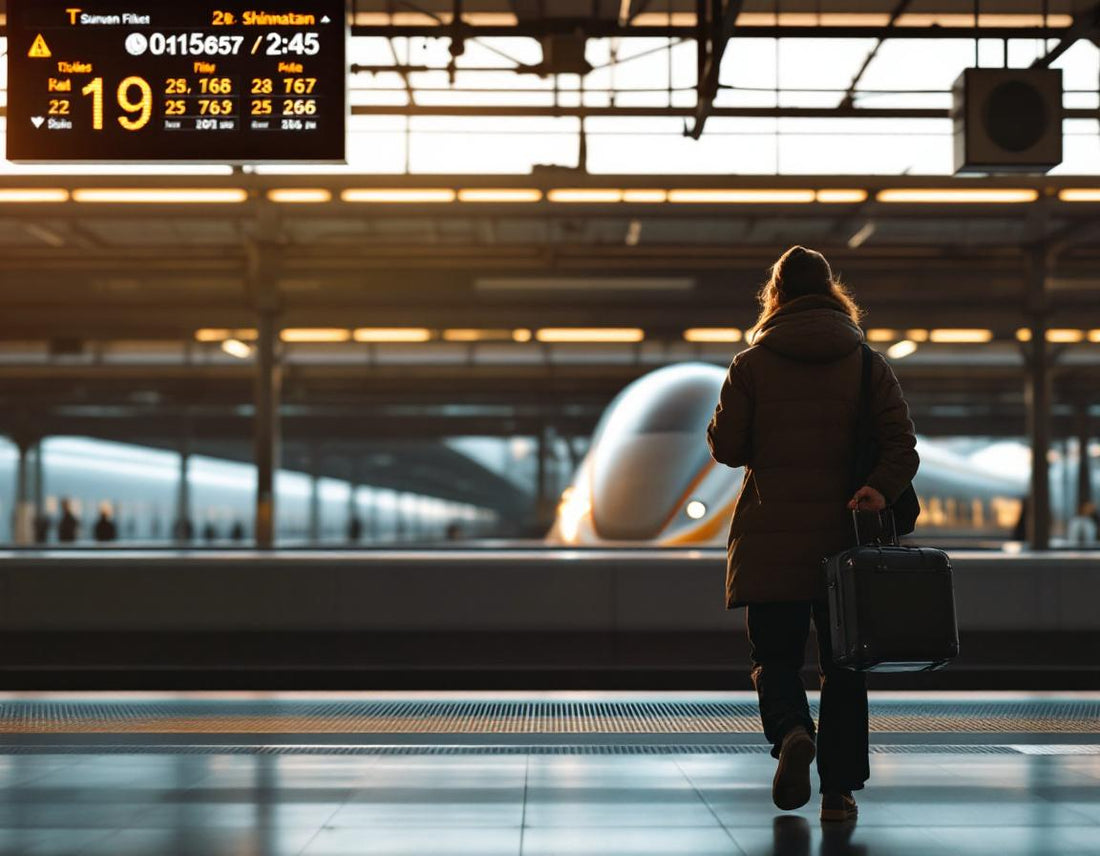 Voyageur attend le Shinkansen à quai valise à ses côtés, écran affichant le prix shinkansen en fond.