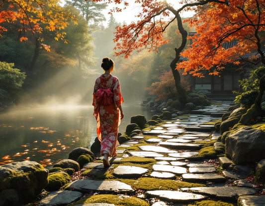 Femme en kimono longe un sentier moussu au temple tenryu ji kyoto, étang paisible et lumière dorée