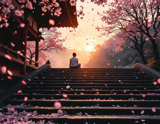 Un voyageur assis sur les marches en bois d’un temple kyoto, pétales de cerisier et lumière dorée