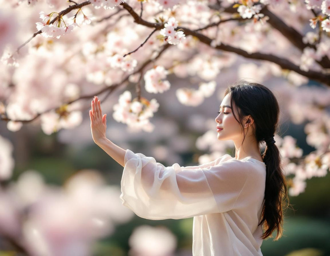 Tai-chi sous cerisier en fleurs, évoquant renouveau et paix: la fleur de cerisier signification.