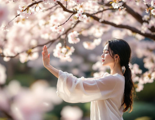 Tai-chi sous cerisier en fleurs, évoquant renouveau et paix: la fleur de cerisier signification.