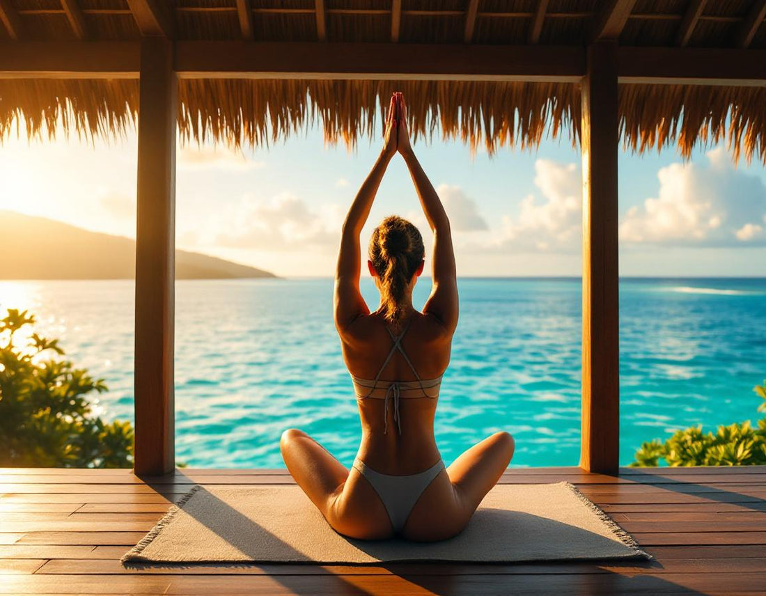 Jeune femme en yoga sur véranda face à l’océan turquoise au lever de soleil, okinawa location