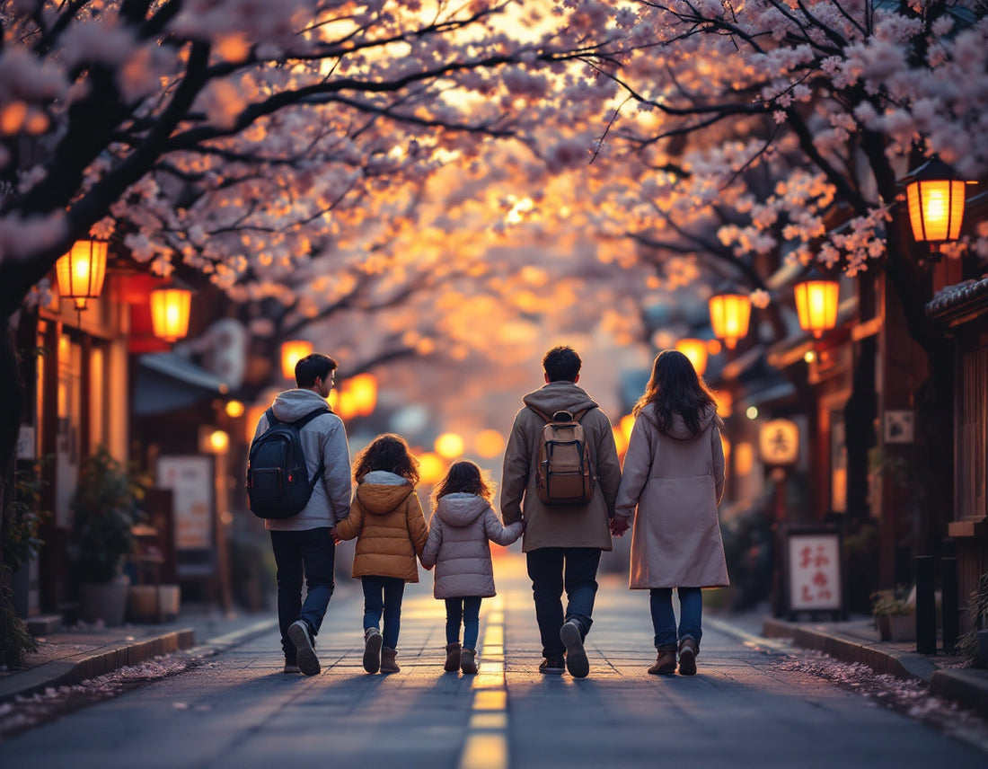 Famille explorant Kyoto sous les cerisiers en fleurs, voyage japon en famille plein de joie.