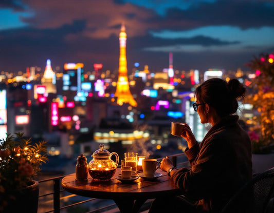 Voyageur sur terrasse à Osaka au lever du soleil, dégustant son thé et rêvant où dormir a Osaka.