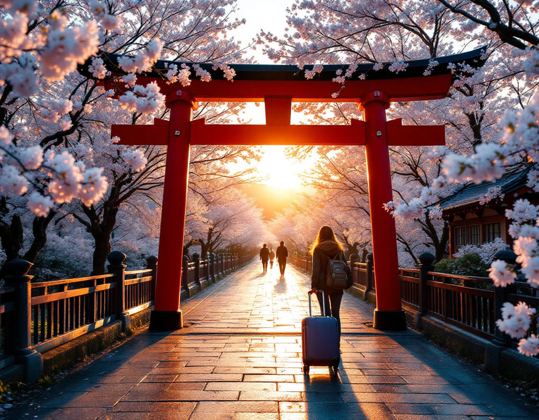 Femme au torii rouge au Japon, valise posée, passeport tamponné, évoquant japon autorisation voyage.