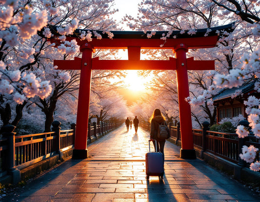 Femme au torii rouge au Japon, valise posée, passeport tamponné, évoquant japon autorisation voyage.