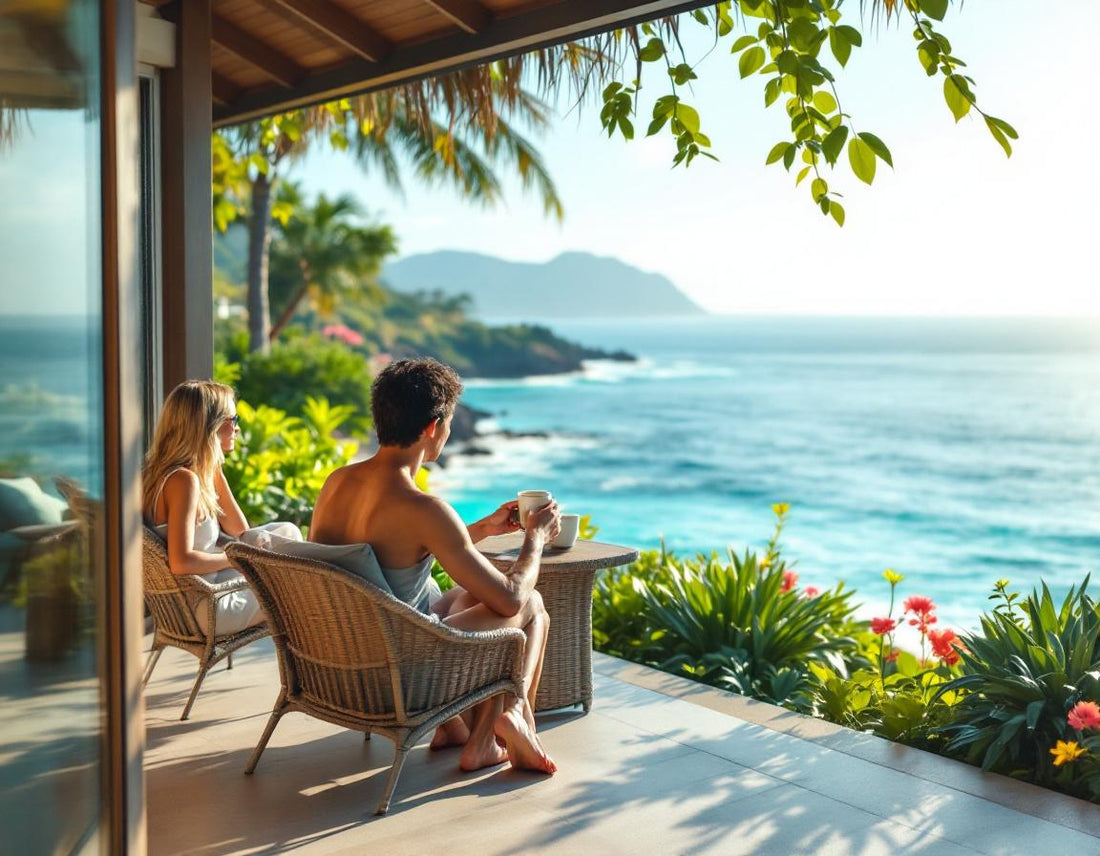 Couple savourant un café sur la terrasse d'un hotel okinawa, face à la mer, ambiance sereine.