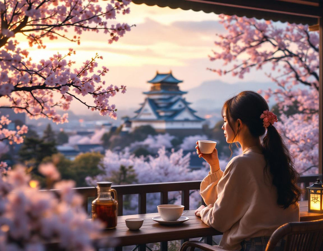 Femme dégustant matcha dans une maison de thé face au château, moment apaisant pour visiter osaka