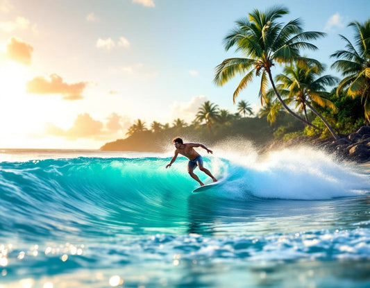 Un surfeur sur une vague turquoise à Okinawa au lever du jour, meteo okinawa ensoleillé.
