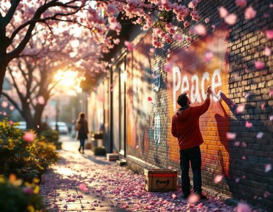 Jeune artiste peignant un mur en hommage post-conflit évoquant hiroshima bombardement avec espoir