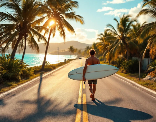 Une surfeuse traverse une route côtière palmée au coucher du soleil à uruma city okinawa japan.
