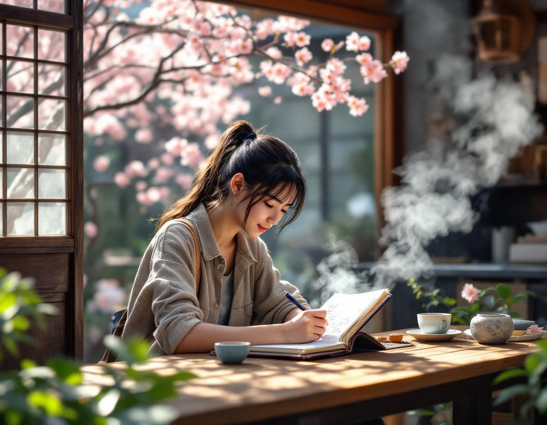 Voyageur dessinant dans jardin de thé japonais sous cerisiers en fleurs, carnet de voyage au japon.