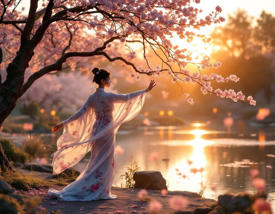 Femme en kimono pratiquant le Tai Chi sous un sakura arbre en fleurs près d'un étang paisible