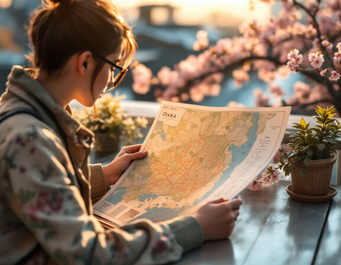 Voyageur consulte une carte osaka sur une terrasse ensoleillée, entouré de fleurs de cerisier.
