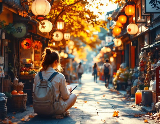 Esquisse d’un carnet de voyage sur le japon montrant un marché de Kyoto au soleil couchant.