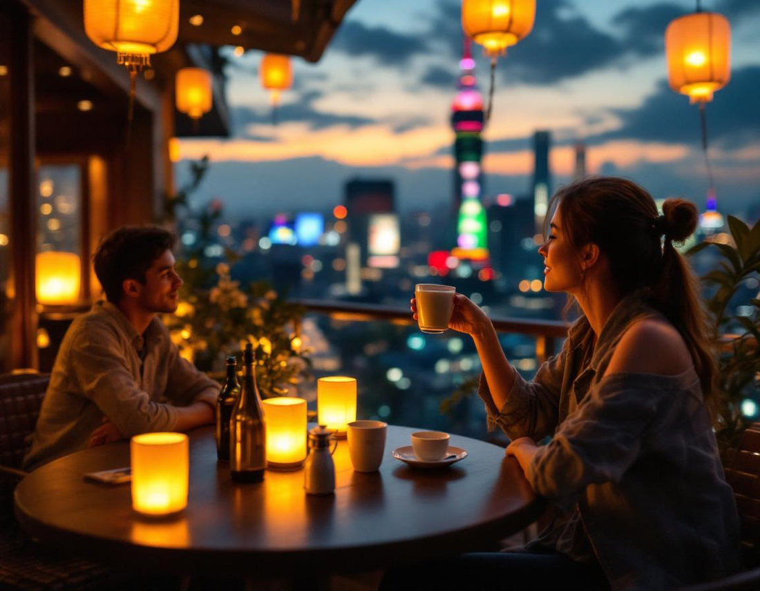 Jeune voyageur sirotant un matcha sur un rooftop à Osaka, ambiance chaleureuse. avis osaka
