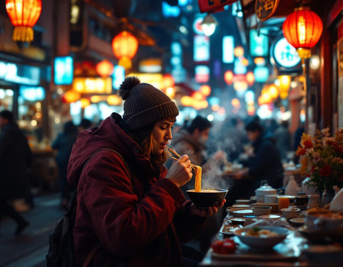 Voyageur dégustant ramen sous lanternes à Tokyo, ruelle animée lors d'une visite tokyo authentique.