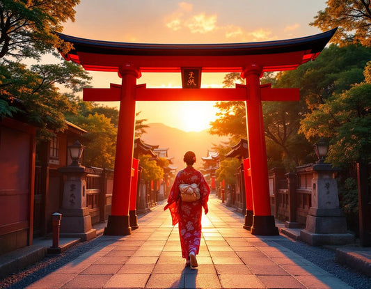 Voyageur en kimono sous torii vermillon au coucher du soleil au kyoto heian jingu, scène poétique.