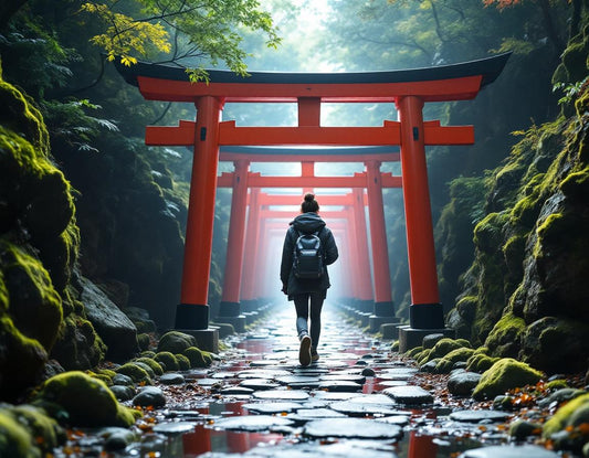 Un voyageur traverse un tunnel de torii à Kyoto, ambiance sereine pour voyager au japon.