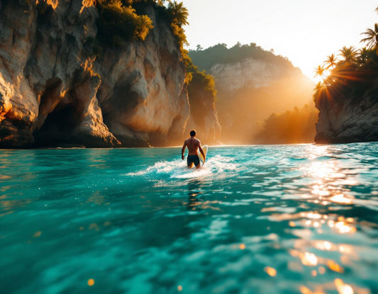 Surfeuse sur la plage d’Ishigaki Island Okinawa, mer turquoise et palmiers sous un ciel doré.