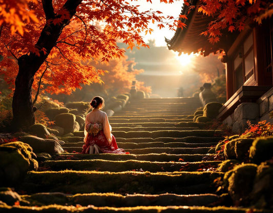 Visiteur en kimono sur marches de mousse devant le nanzen ji temple kyoto et érables rouges