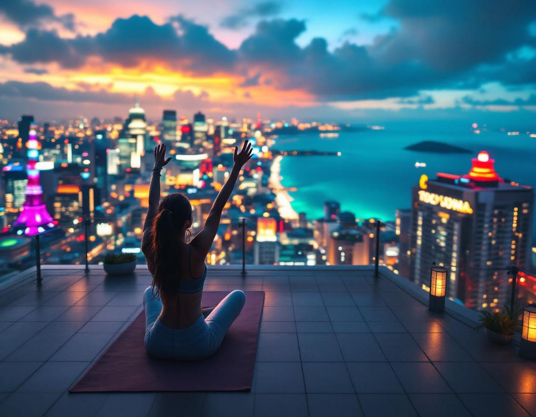 Une personne fait du yoga sur un toit à Tokyo avec lueur et vue de mer rappelant tokyo okinawa.