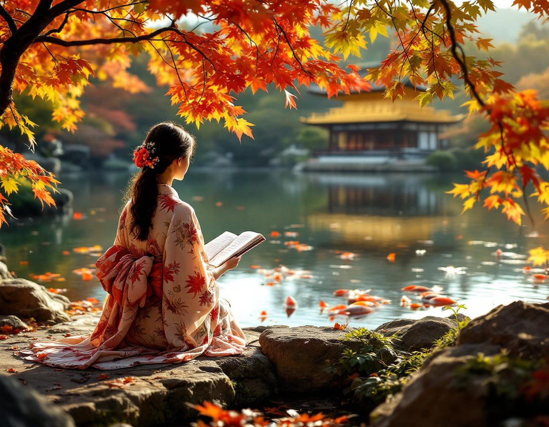 Femme en kimono écrivant au bord d’un étang face au pavillon d or kyoto, feuilles d’érable rouges.