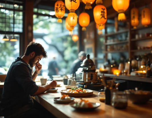Client dégustant des sushis au comptoir éclairé de lanternes dans un kyoto restaurant chaleureux