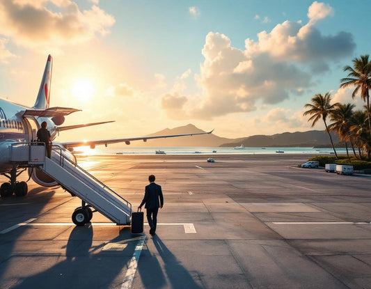 Sur un vol tokyo okinawa, un passager descend au lever du jour sur une piste bordée de palmiers.