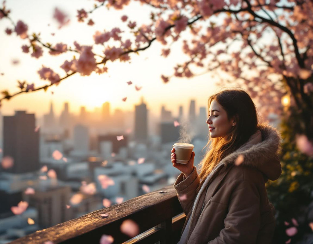 Un voyageur goûte un latte matcha surplombant Tokyo au lever du soleil. voyage au japon tokyo