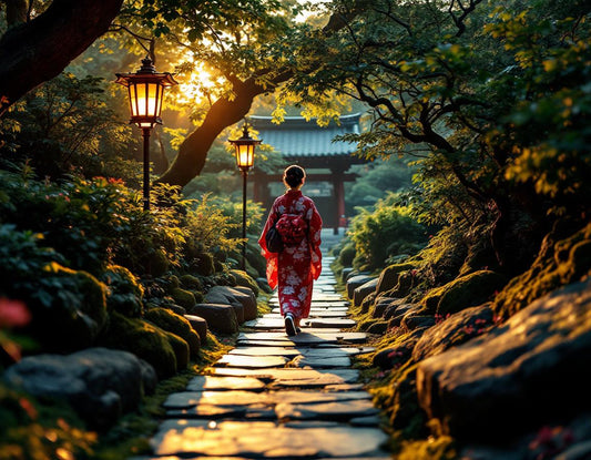 Une scène de voyage guidé japon où un visiteur en kimono explore un jardin sous lanternes.