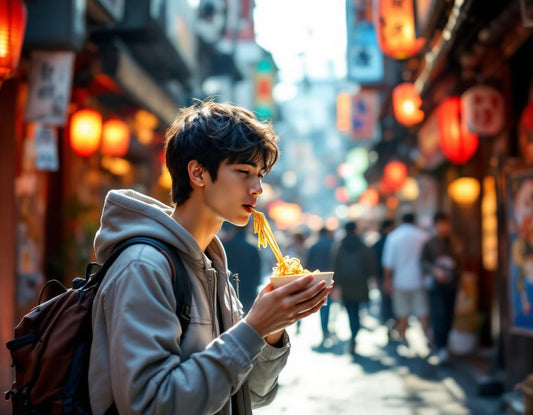 Voyageur dégustant ramen de rue à Tokyo, budget voyage japon optimisé, ambiance urbaine chaleureuse.