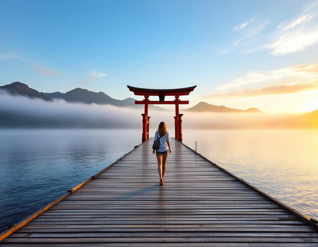 Voyageur pieds nus sur une jetée au coucher du soleil face au torii de hiroshima-miyajima