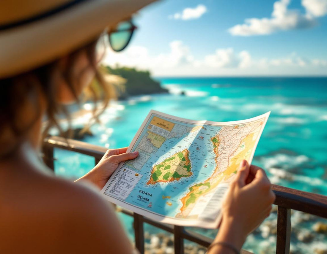 Personne sur terrasse bois étudie carte japon okinawa sous lumière dorée avec vue sur mer turquoise