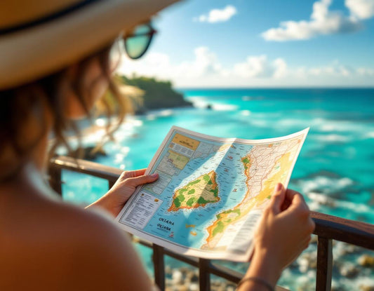 Personne sur terrasse bois étudie carte japon okinawa sous lumière dorée avec vue sur mer turquoise
