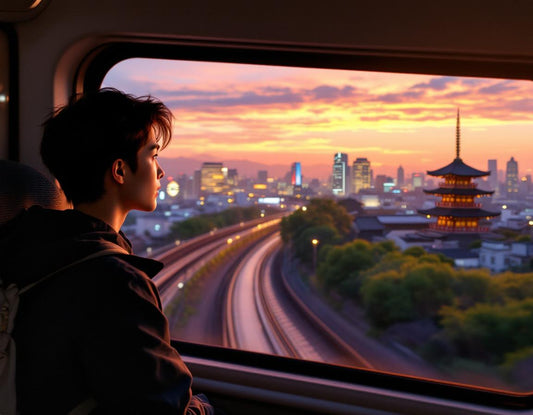Le tokyo kyoto shinkansen file entre temples et gratte-ciel sous une douce lumière dorée.