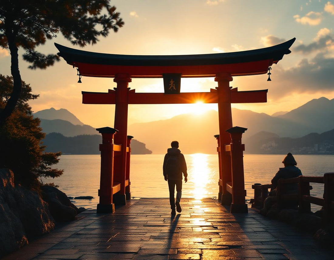 Jeune voyageur franchissant le torii vermillon d'itsukushima hiroshima dans une brume légère