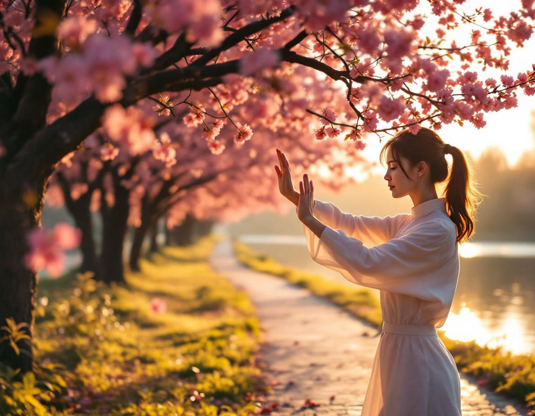 Femme en tai chi sous les fleurs de cerisiers japonais bordant un cours d'eau paisible.