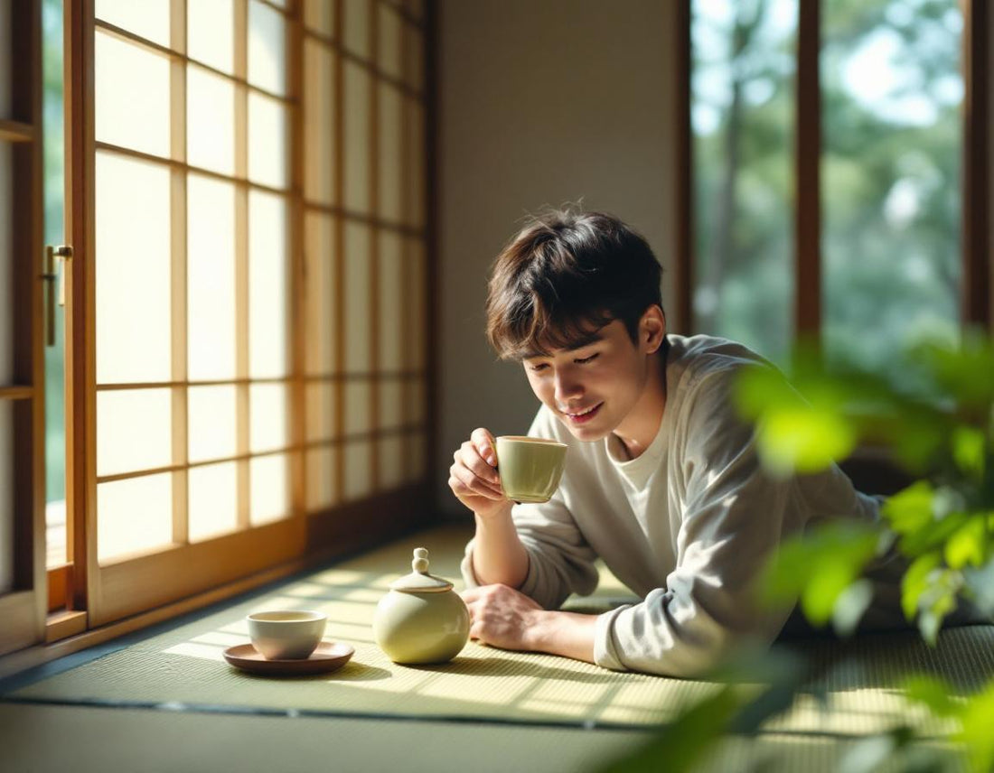 Voyage japon: une personne déguste un matcha dans une pièce tatami épurée, ambiance calme et zen