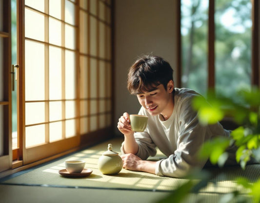 Voyage japon: une personne déguste un matcha dans une pièce tatami épurée, ambiance calme et zen
