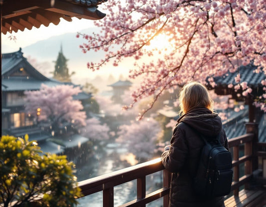 Voyageur admire les cerisiers humides par une pluie légère à Kyoto, décor poétique, meteo kyoto.